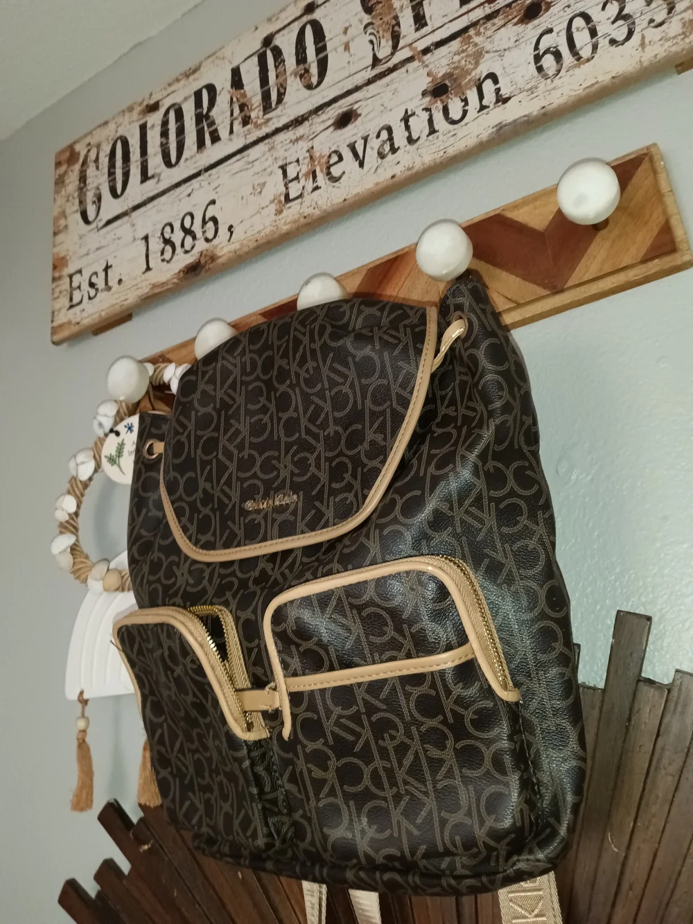Calvin Klein Brown Logo-Print Backpack with Tan Trim